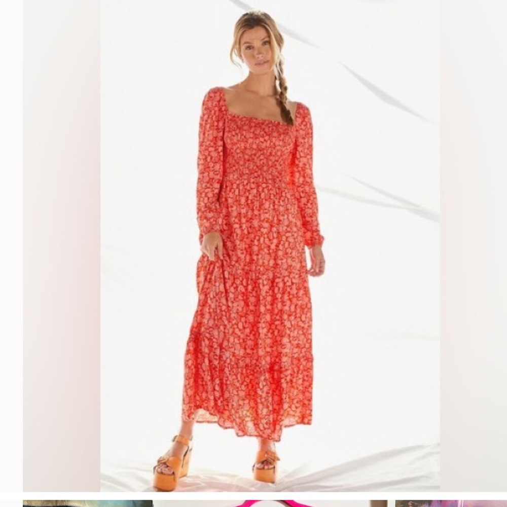 Anthropologie Dolan Left Coast Floral Smocked Midi Dress Red Pink Boho Orange S